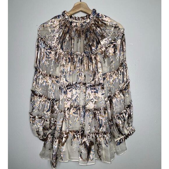 Zimmermann Ladybeetle Tiered Floral Printed Burnout Chiffon Blouse Size US 8 - Picture 3 of 14